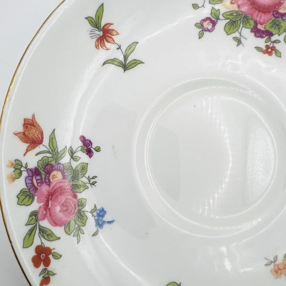 Crown Staffordshire Bone China Teacup Saucer Set Gold Pink Rose Floral England